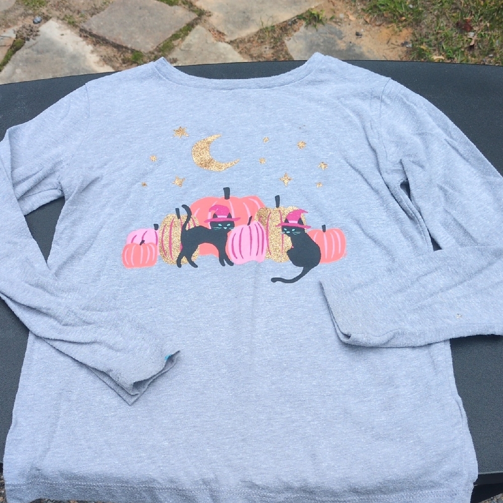 Crewcuts Gray Long Sleeve Shirt with Cat and Pumpkin Design